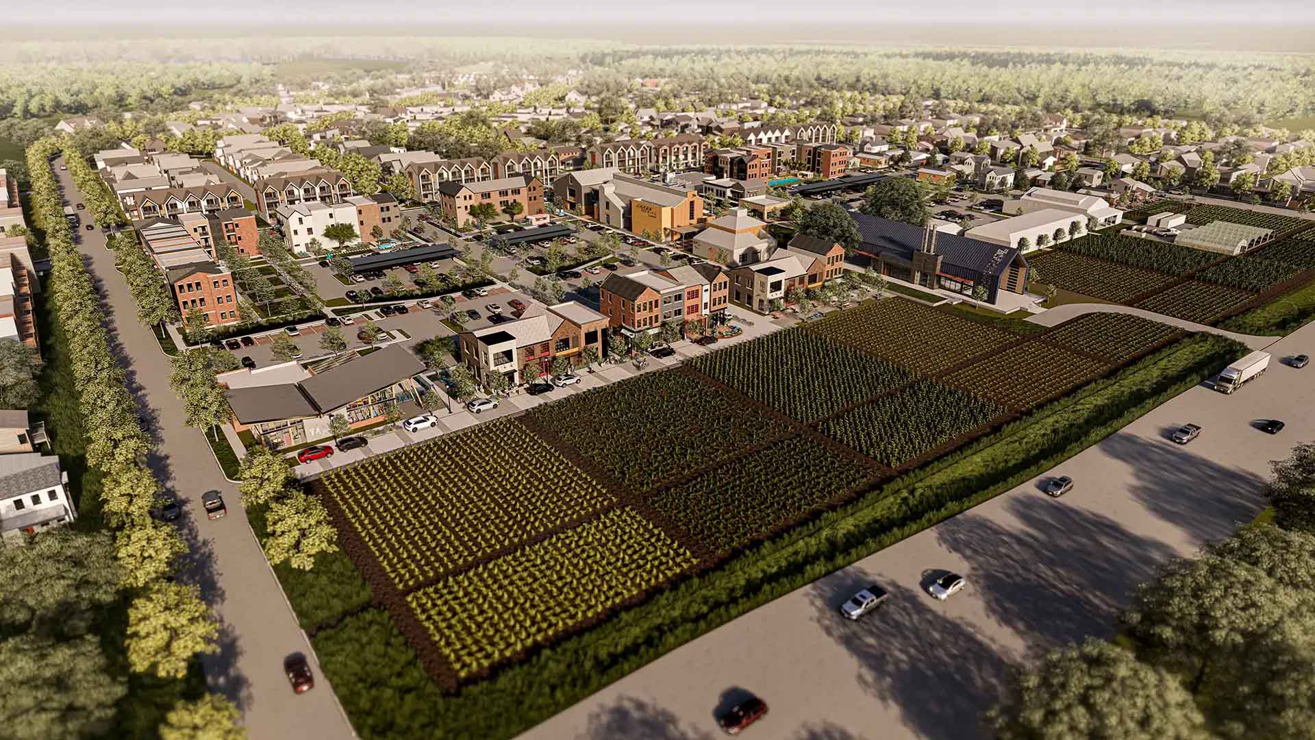 Rendering of an overhead shot of Indigo neighborhood and farm