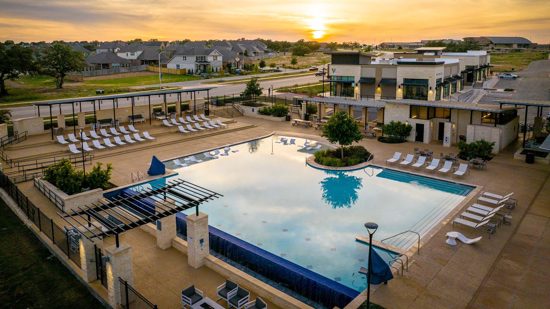 pool with sunset in background