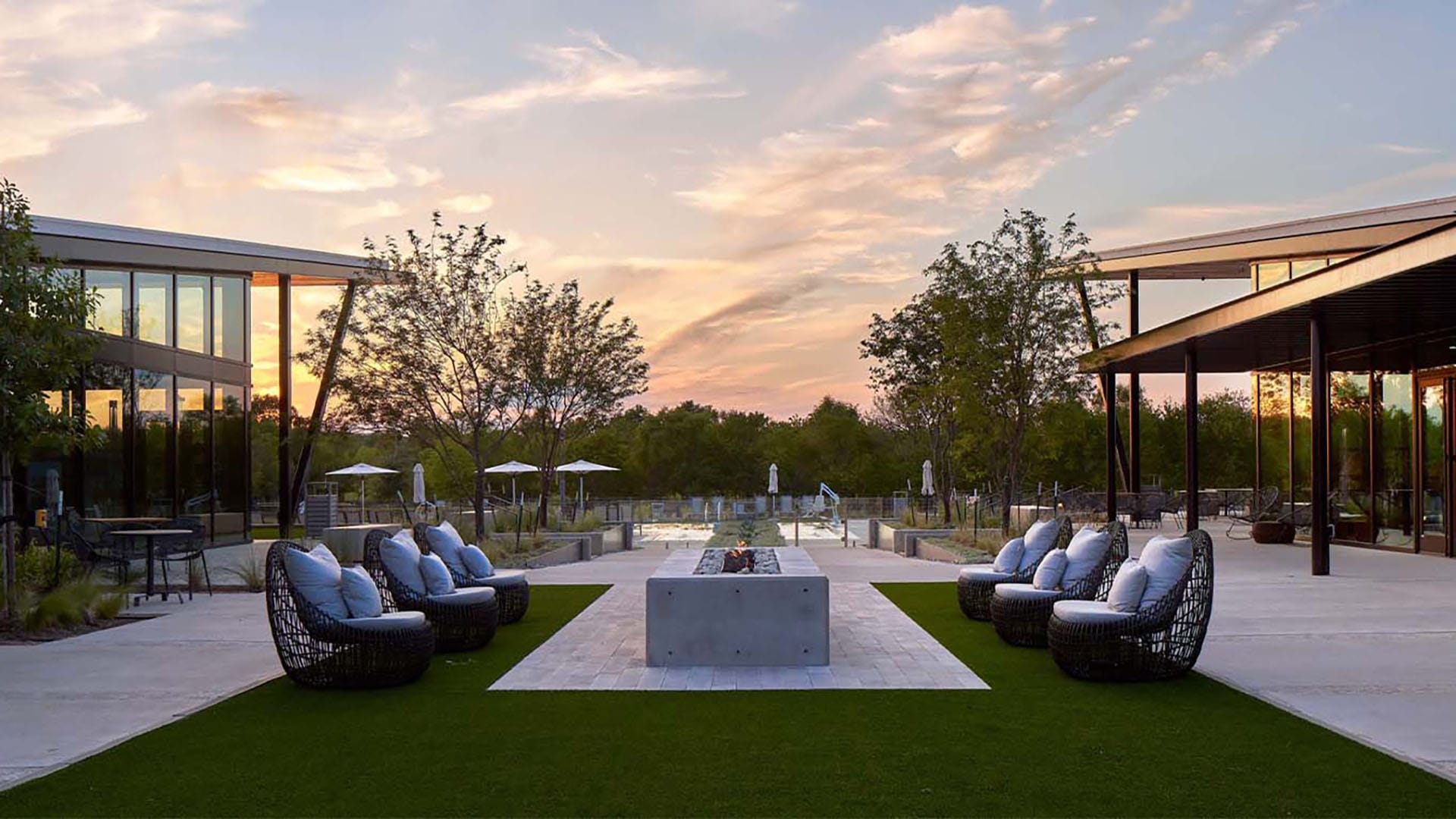 clubhouse with fire pit and chairs to relax in