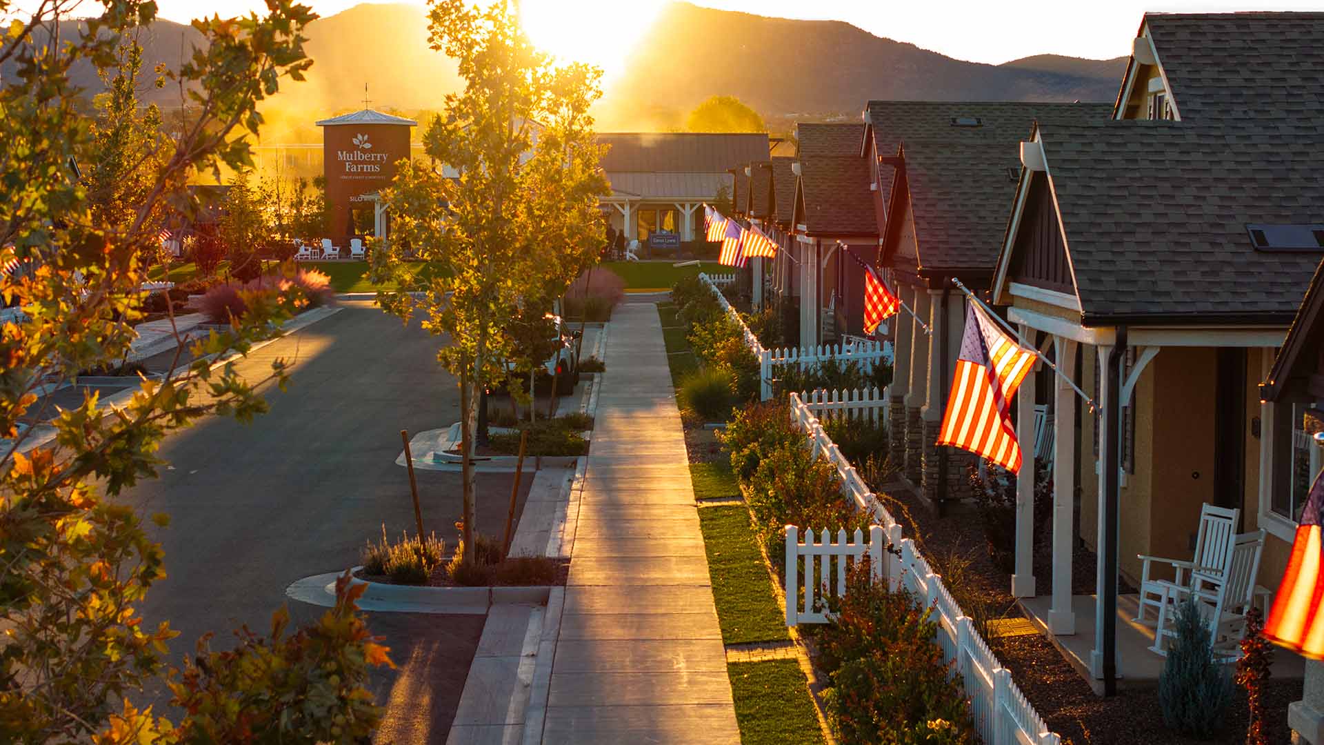 Mulberry Farms view down Great Street at sunset