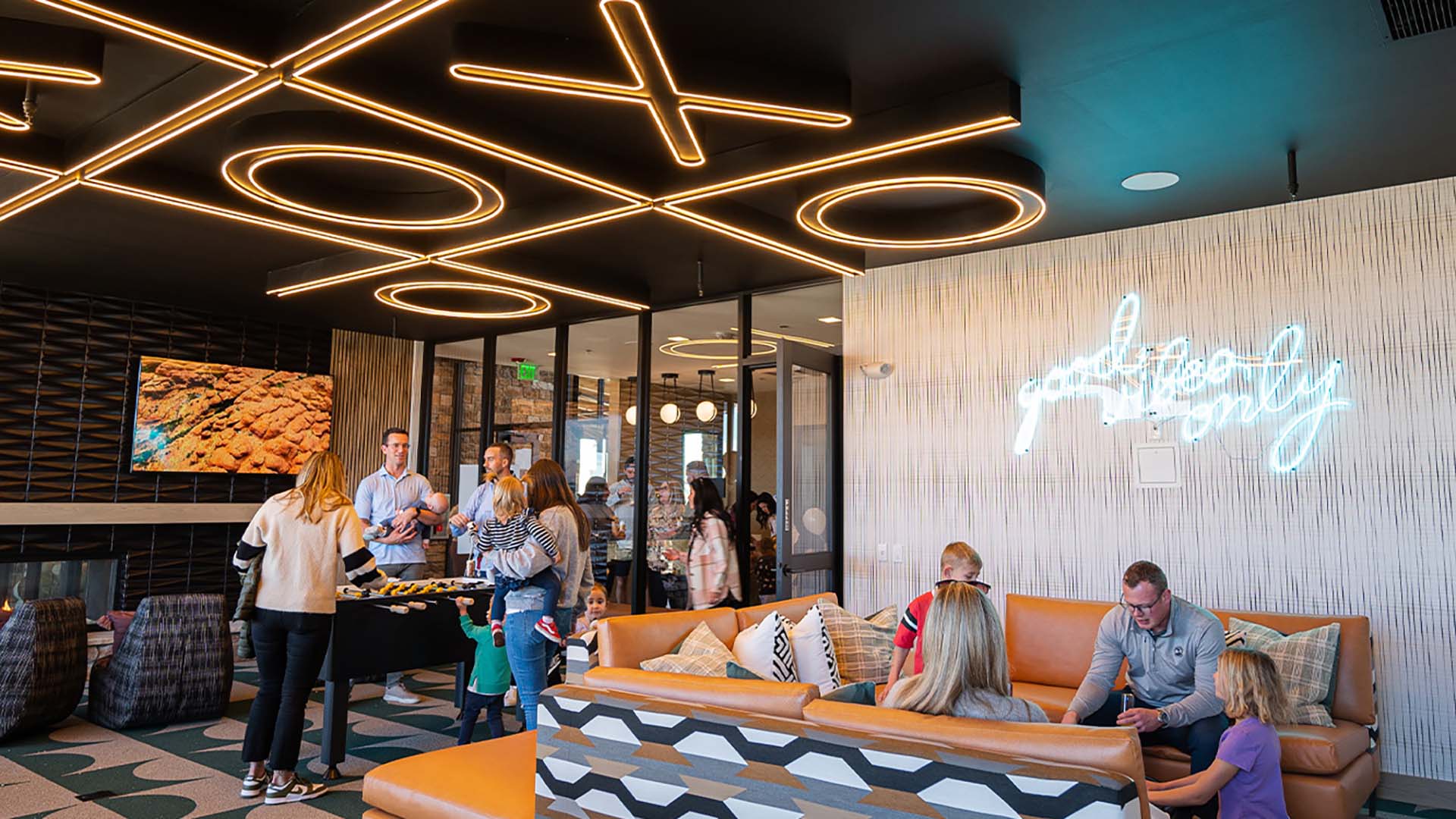 residents playing games in clubhouse