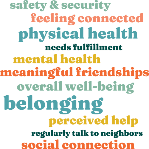 A word cloud: safety and security, feeling connected, physical health, needs fulfillment, mental health, meaningful friendships, overall well-being, belonging, perceived help, regularly talk to neighbors, social connection