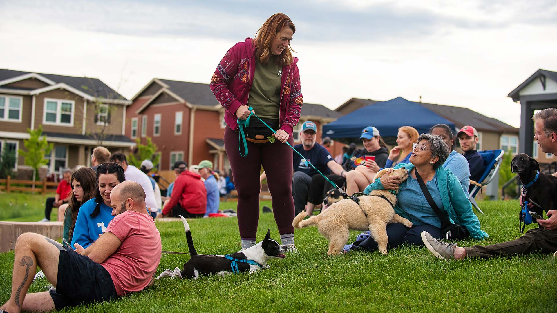 Residents chatting while sitting with their dogs in the grass at an event
