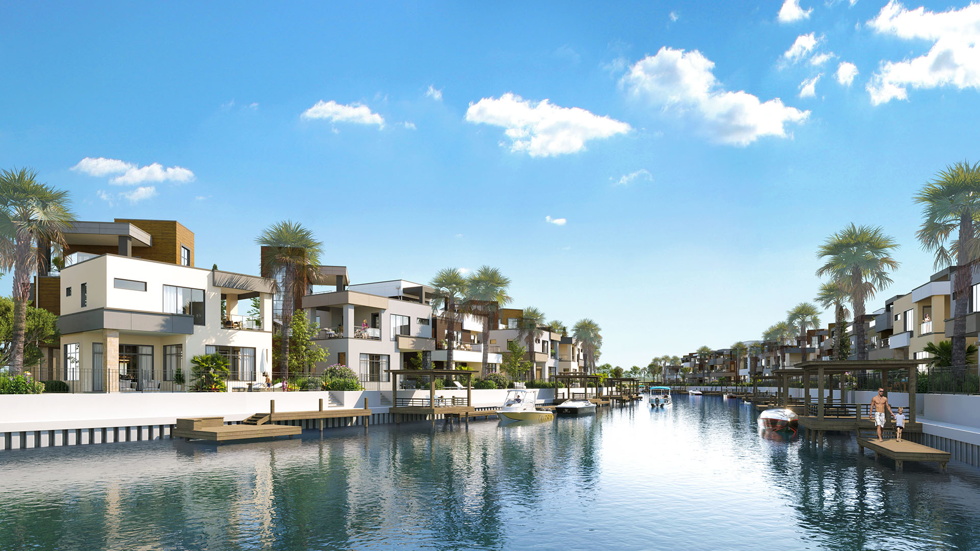 rendering of canal view with docks and houses in the Whitecap community