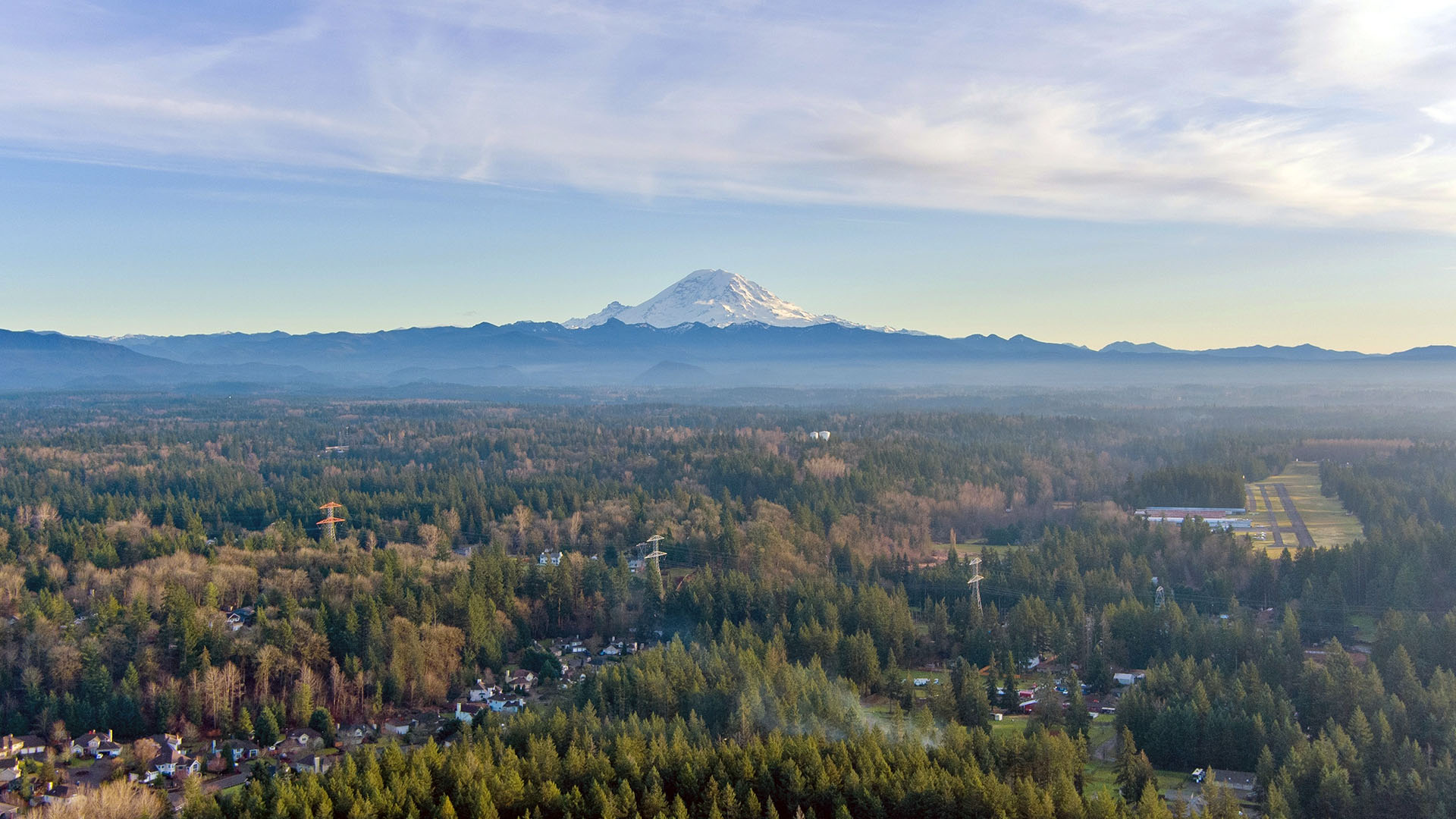 aerial view of Mount Rainier from Covington, Washington