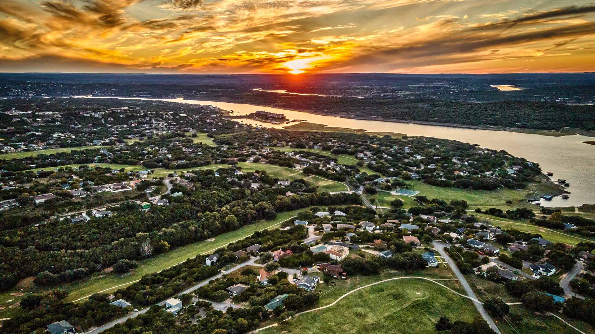 aerial of Lago Vista, Texas at sunset